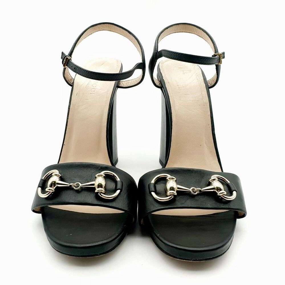 GUCCI Horsebit Black Leather Heeled Sandal Size 38 Leather Block Claudie - Picture 6 of 13